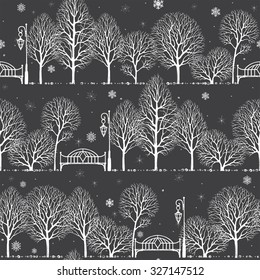 Winter landscape in the night park with silhouette of trees, benches and lanterns, seamless vector background in vintage style.