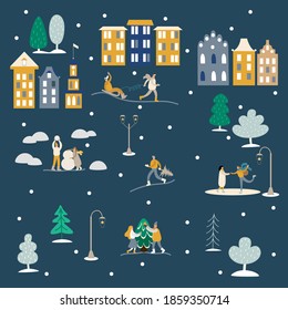 Winter landscape at night with people doing outdoor activities on new year,Christmas day, guy with a Christmas tree, people making a snowman, people decorating christmas tree. Vector illustration.