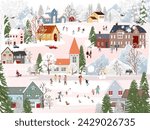Winter landscape at night with people having fun doing outdoor activities on new year,Christmas day in village with people celebration, kid playing ice skates, teenagers skiing with snow falling 