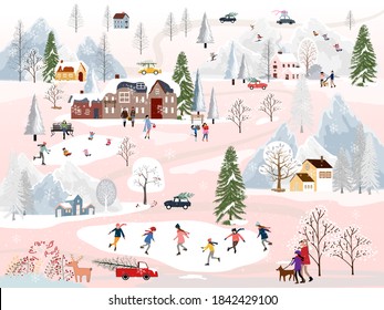 Winter landscape at night with people having fun doing outdoor activities on new year,Vector city landscape on Christmas holidays with people celebration, kid playing ice skates, teenagers skiing