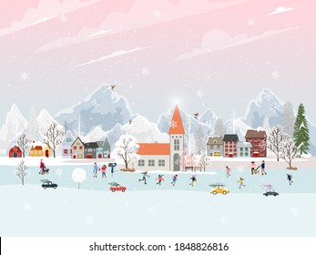 Winter landscape at night with people having fun doing outdoor activities on new year,Christmas day in village with people celebration, kid playing ice skates, teenagers skiing with snow falling 