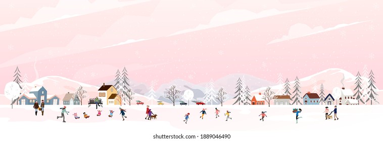 Winter landscape at night with people having fun doing outdoor activities on new year,Vector city landscape on Christmas holidays with people celebration, kid playing ice skates, teenagers skiing