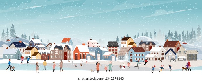 Winter landscape at night with people having fun doing outdoor activities on new year,Vector city landscape on Christmas holidays with people celebration, kid playing ice skates, teenagers skiing