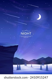 El paisaje invernal. Cielo nocturno, estrellas y luna. Un acantilado en primer plano. Árboles de aves en nevadas. Silhouettes de cordilleras. Diseño para fondo, portada, afiche, postal. Imagen vectorial.	