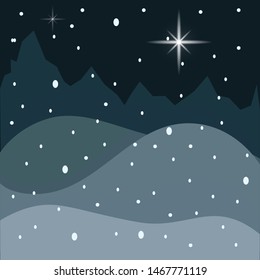 Winter landscape at night. Snow covered hills, mountains far away on the horizon