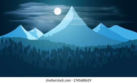 Winter landscape in the night with stars and moon