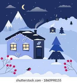 Winter landscape at night. Stock vector graphics.