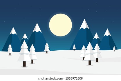 Winter landscape in night time with snow tree, moonlight and mountain illustration in vector.