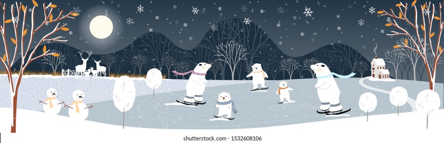 Winter Landscape At Night, Vector Illustration Of Winter Wonderland In Village, Snow Falling In Farm Land With Snow Man And Cute Polar Bear Playing Ice Skates, Merry Christmas 