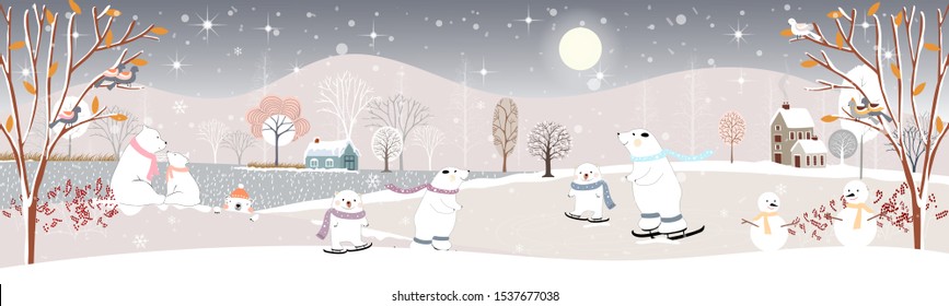 Winter landscape at night, Vector illustration of winter wonderland in village, snow falling in farm land with snow man and cute polar bear playing ice skates, Merry Christmas 