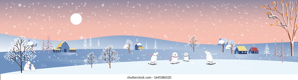 Winter landscape at night, Vector illustration of winter wonderland in village, snow falling in farm land with snow man and cute polar bear playing ice skates, Merry Christmas 