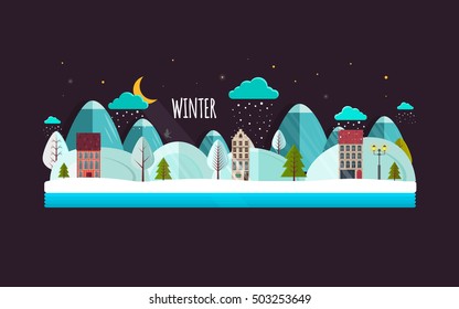 Winter landscape. Night. Vector illustration, eps10. Winter night city with white trees, cute houses, moon.