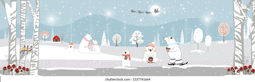 Winter landscape at night, Vector of winter wonderland, polar bear looking up at Santa Claus and Reindeers and drinking hot chocolate drinks celebreation on Christmas night.