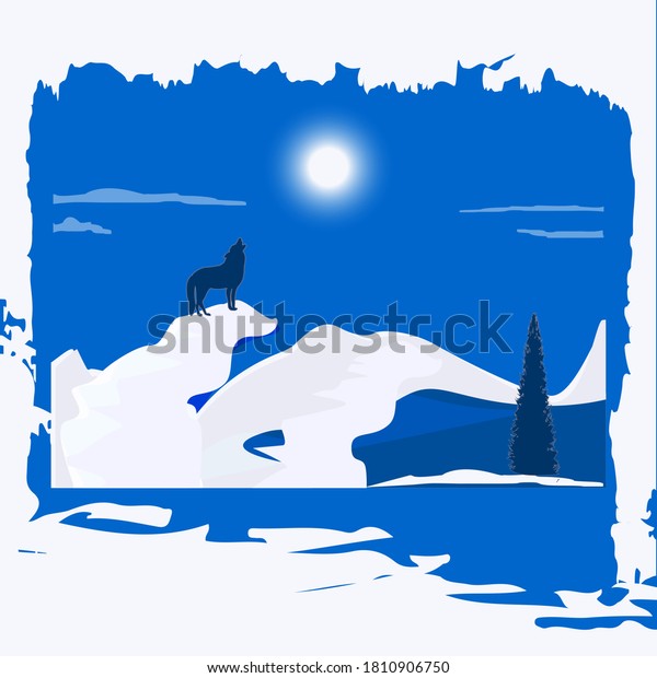 Winter landscape -\
night, wolf, moon, snow - original brush stroke - vector. New Year.\
Christmas. Banner.