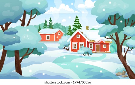 Winter landscape with northern red houses. Vector illustration.
