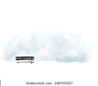 Winter landscape with old black bench and snowfall. Vector illustration in minimalist style.
