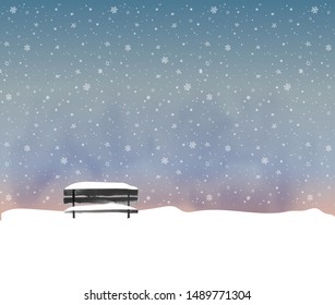 Winter landscape with old black bench in night snowfall. Vector illustration in minimalist style