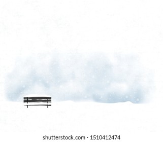 Winter landscape with old black bench in snowfall. Vector illustration in minimalist style