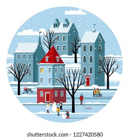 Winter landscape with old houses, trees and people. Children make a snowman. Snowy town. Vector illustration in the shape of a circle.
