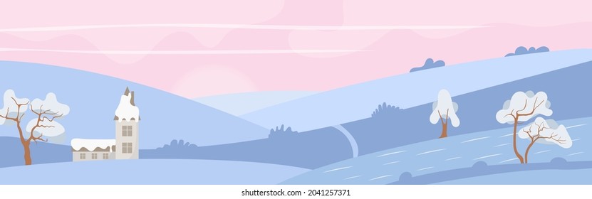 Winter landscape on a background of mountains, vector flat cartoon. Trees with snow, hills and a valley with a small house in a natural landscape.
