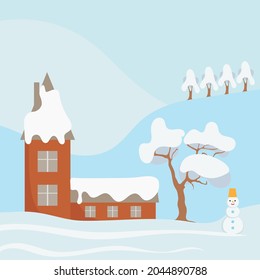 Winterlandschaft auf einem Hintergrund von Bergen, Vektorgrafik. Bäume mit Schnee, Hügel und ein Tal mit einem kleinen Haus in einer natürlichen Landschaft.