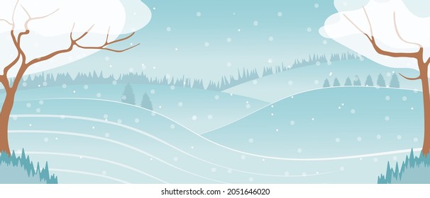 Winter landscape on a background of mountains, vector flat cartoon. Trees with snow, hills and a valley with a small house in a natural landscape.