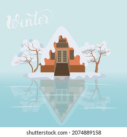 Winterlandschaft auf einem Hintergrund von Bergen, Vektorgrafik. Bäume mit Schnee, Hügel und ein Tal mit einem kleinen Haus in einer natürlichen Landschaft.