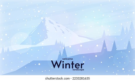 Winter landscape on blue sky. Snowfall. Design for wallpaper, background, greeting card, touristic card. Mountains with hills and trees. 