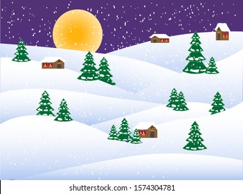 Winter landscape on the eve of Christmas. Small village houses amidst snowy hills and fir trees. Full moon and falling snow flakes. Serenity and silence on the eve of the holiday.