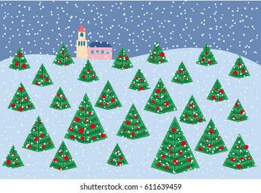 A winter landscape. On a hill a house and a bell tower