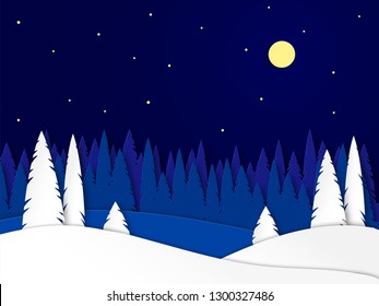 Winter landscape on a moonlit night. Snowy trees in a park or forest. Design in the style of paper art. Vector illustration