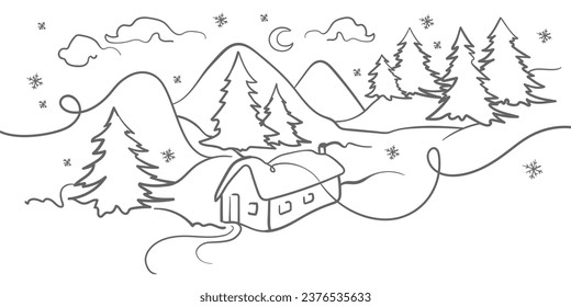 Winter landscape with on a white background. Winter design. Christmas one line continuous drawing vector illustration.