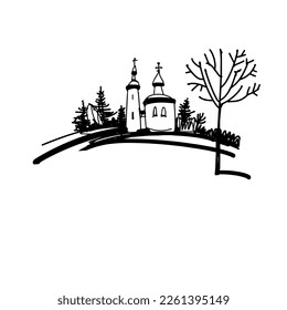 Winter landscape with an Orthodox church. Stylized graphic landscape, hand-drawn in ink. Vector illustration
