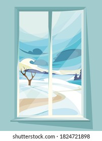 Winterlandschaft außerhalb des Fensters. Schöne Naturlandschaft.