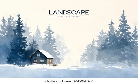 A winter landscape painting of a small house nestled in a snowy forest.