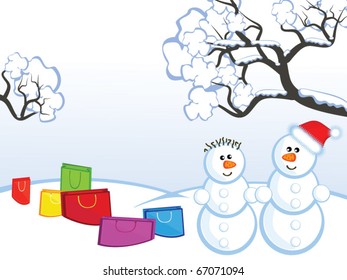 The Winter landscape. The Pair an snowmen. Around them packages with buying.