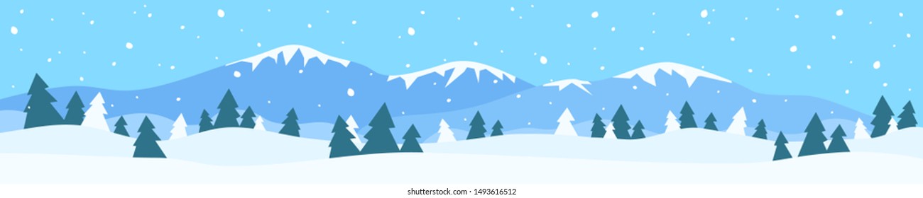 winter landscape panorama with mountain snow drifts pine trees