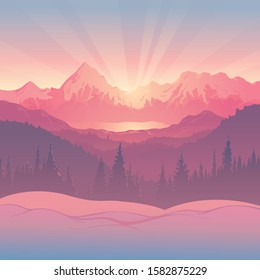 Winter landscape, panorama of mountains against the background of sunlight, created by imagination in the format of vector graphics.