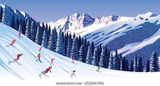 Winter landscape panorama with skiers on skiing slope, forest and mountains in the background. Handmade drawing vector illustration. Can be used as poster, banner etc.