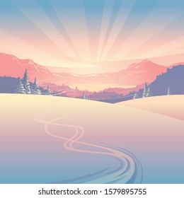 Winter landscape, a panorama of snowy mountains and sun rays at sunrise, created by imagination in vector graphics format.