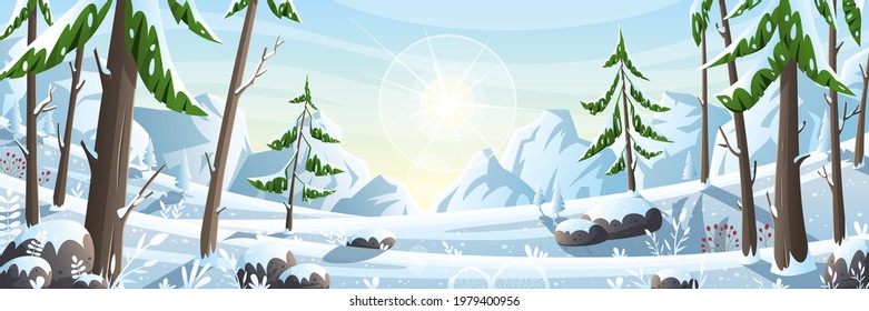 Winter landscape panorama. Vector illustration with separate layers.