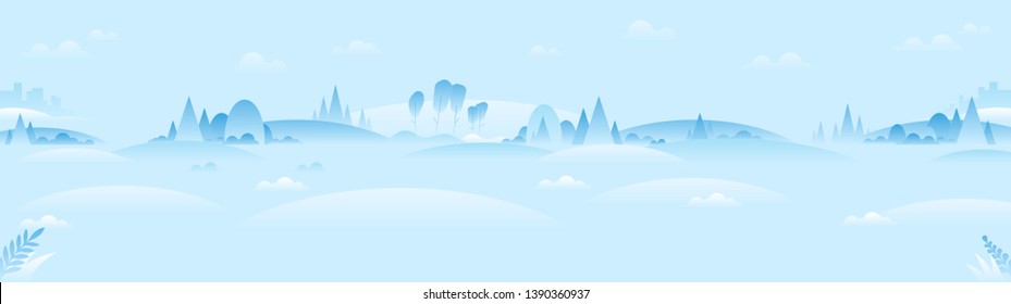 Winter landscape panoramic background in minimalist style. Vector nature illustration.