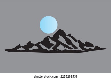 Winter landscape panoramic image of beautiful mountains and ful moon. Vector illustration of mountains for adventure icon and winter travel logo. Black and white silhouette in firs snow.