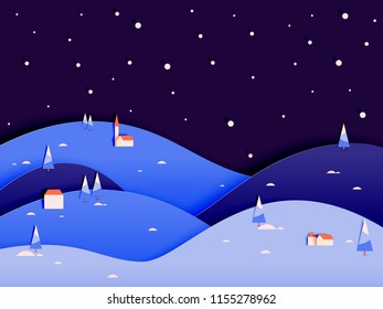 Winter landscape with paper art style and pastel color scheme vector illustration