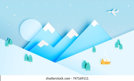 Winter landscape with paper art style and pastel color scheme vector illustration