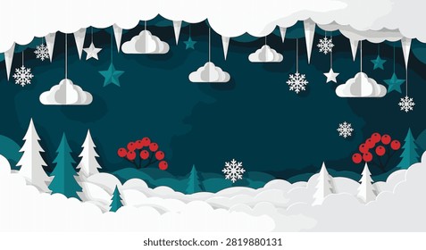 Winter landscape in paper cut art style featuring layered snowy hills, pine trees, red berries, hanging clouds, snowflakes, and icicles on a dark teal background with central space.