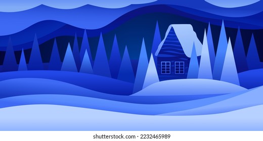 Winter landscape in paper cut effect. Vector flat illustration. Gradient effect. Lonely house with trees on nature background. Tranquility, appeasement