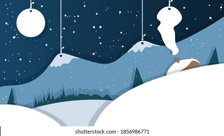 Winter landscape with paper cut-out.  Winter snowy Mountains landscape with hills, pines and home 