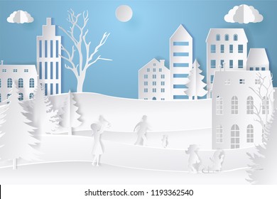 Winter landscape in paper style. Mountains, trees and houses. Layered cut out paper postcard. Vector illustration.