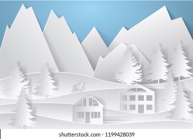 Winter landscape in paper style. Mountains, trees and houses. Layered cut out paper postcard. Vector illustration.